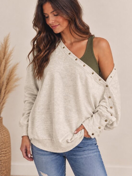 Tops - 436. Women's Oatmeal Snap Button Off-the-shoulder Sweatshirt